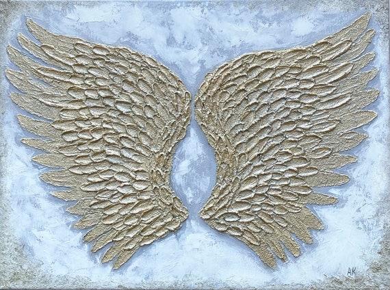 スピリチュアルアート「Wings of Victory」(アールグラージュ作品) Textured Silver Angel Wings Painting: Original Feather Art Canvas