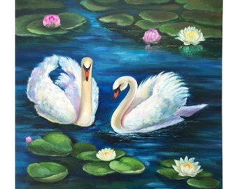 白鳥の絵画 モネ 池 オリジナルアート 睡蓮 ウォールアート 白鳥