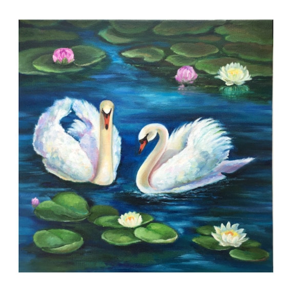 白鳥の絵画 モネ 池 オリジナルアート 睡蓮 ウォールアート 白鳥