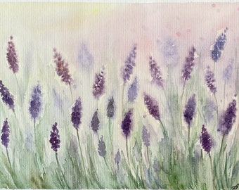 Original Aquarell Lavendelfeld Gemälde: Provence Blumenkunst (15x20cm)
