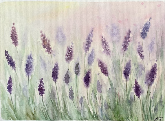 オリジナル水彩画ラベンダー畑：プロヴァンスの花の芸術（6x8） - Etsy
