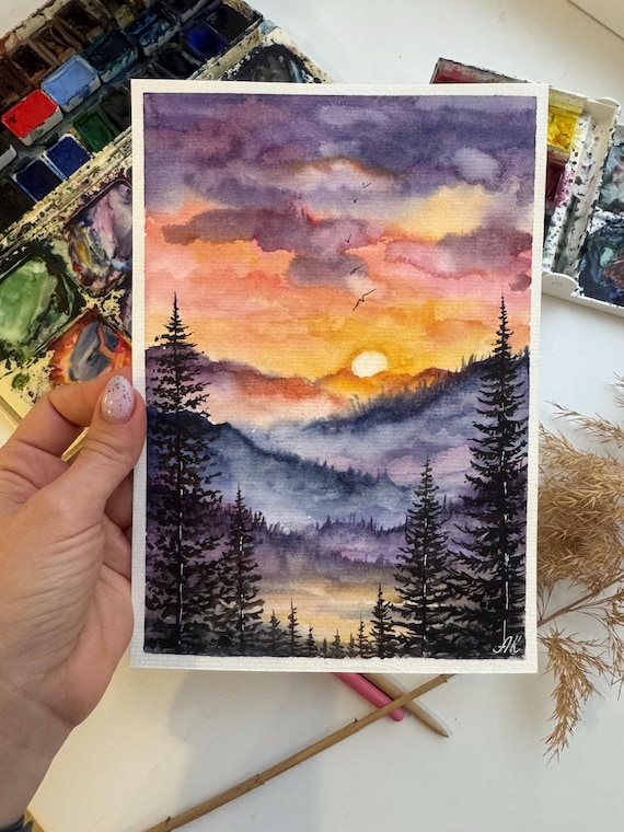 ブルーリッジ山脈の水彩画：スモーキーマウンテンの風景画（8x6