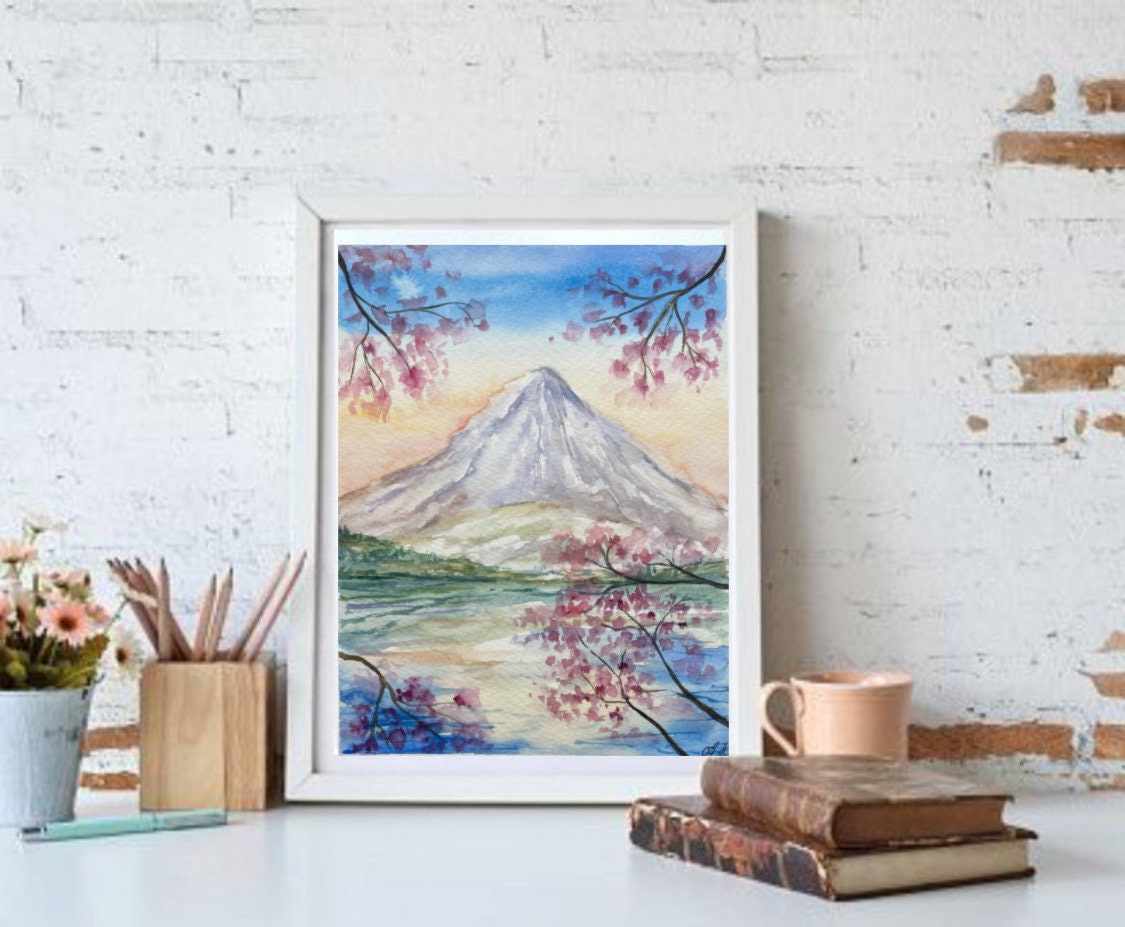 富士山の水彩画：日本の桜のアート（8x6インチ） - Etsy 日本