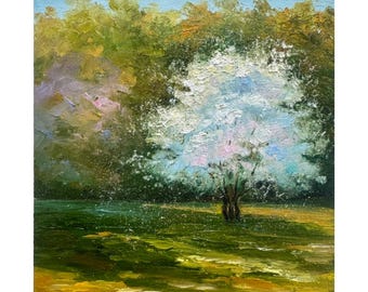 Impasto Blossom Tree Oil Painting: Spring Landscape Art (6x6 inches)