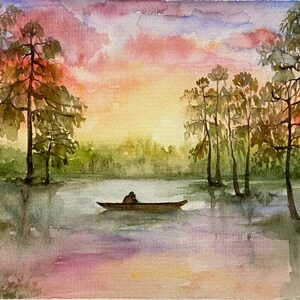 Louisiana Swamp Painting Original watercolor Art Cypress Trees Painting Louisiana Landscape Wall Art Louisiana Sunset Landscape Artwork 6x8