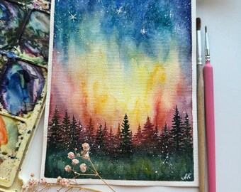 オリジナル星空水彩画：松の木と銀河のアート（6 x 8インチ） - Etsy 日本