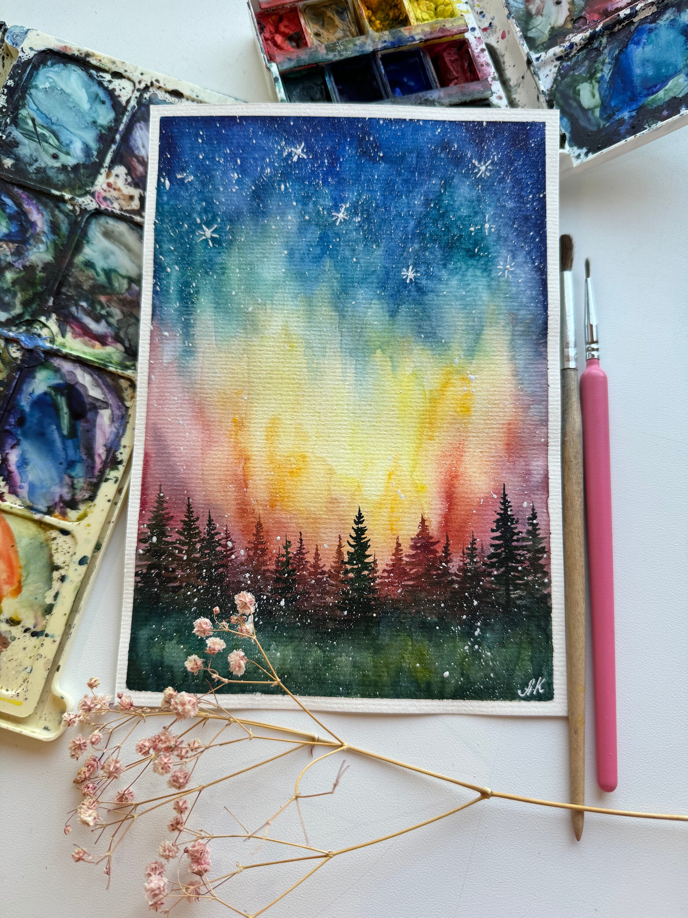 オリジナル星空水彩画：松の木と銀河のアート（6 x 8インチ） - Etsy 日本