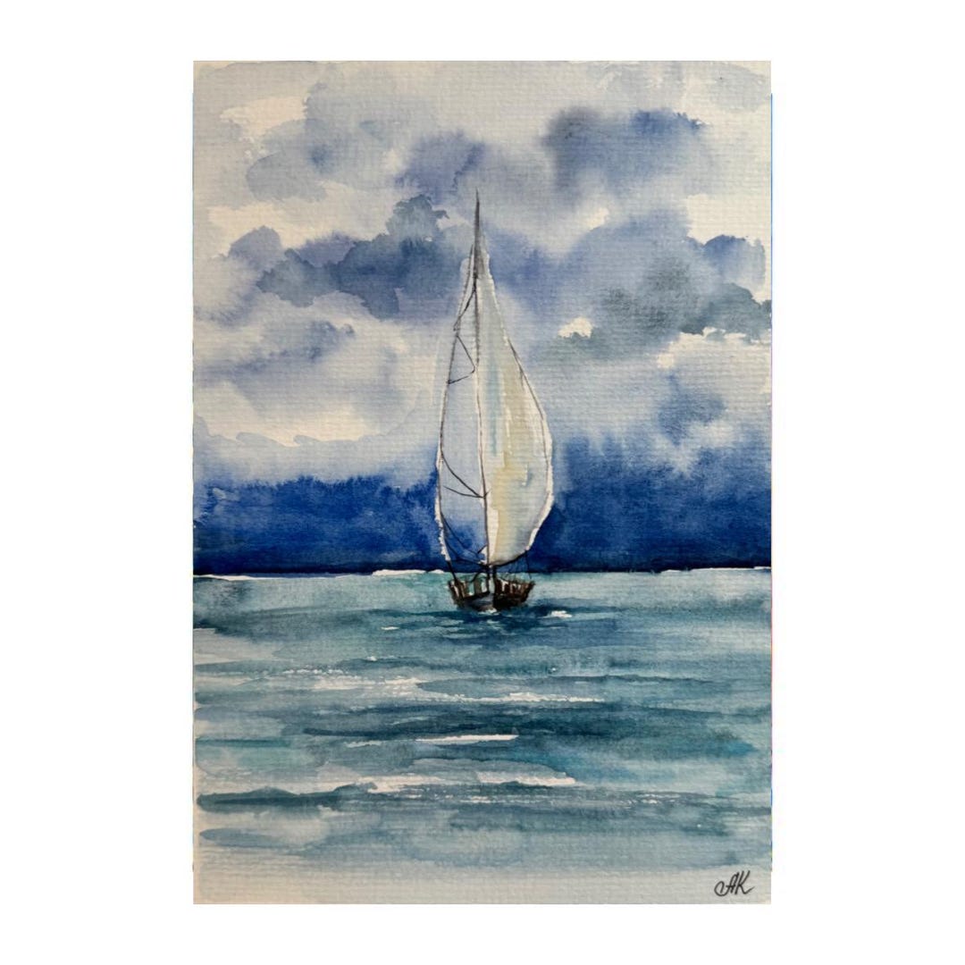 オリジナル水彩画「帆船」：カリフォルニアの海景アート 6x8 - Etsy 日本