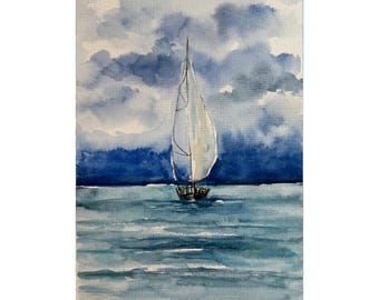 オリジナル水彩画「帆船」：マリーナ海景アート、12x16 - Etsy 日本
