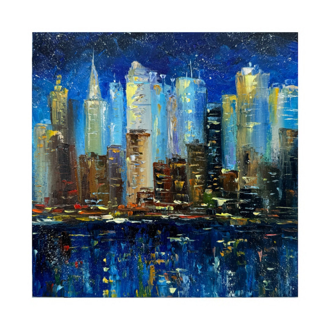 Original New York Cityscape Oil Painting: Impasto Night Skyline
