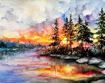Lake Tahoe Watercolor Painting: California Mountain Landscape Art (6x8)