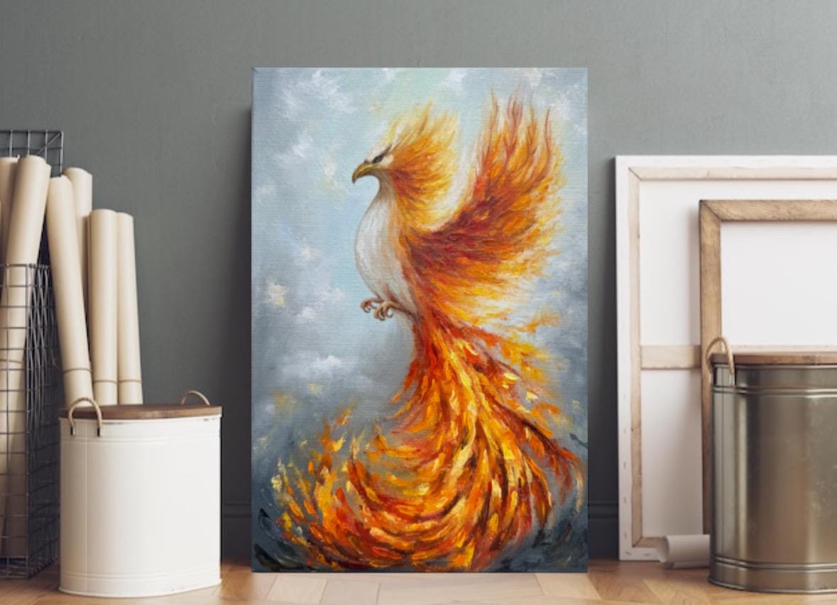 フェニックスの絵画：キャンバスに油彩を描いたインパスト画 - 燃える