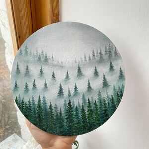 Oil painting Misty Forest Art Foggy forest Landscape painting Christmas tree oil painting original art Spruce Forest painting round artwork image 8