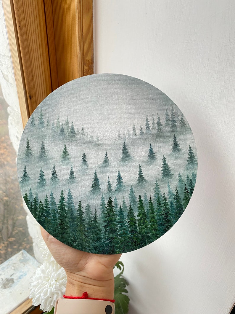 Oil painting Misty Forest Art Foggy forest Landscape painting Christmas tree oil painting original art Spruce Forest painting round artwork image 8