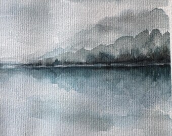 オリジナル水彩画「霧の湖」：抽象風景画、8 x 6インチ - Etsy 日本