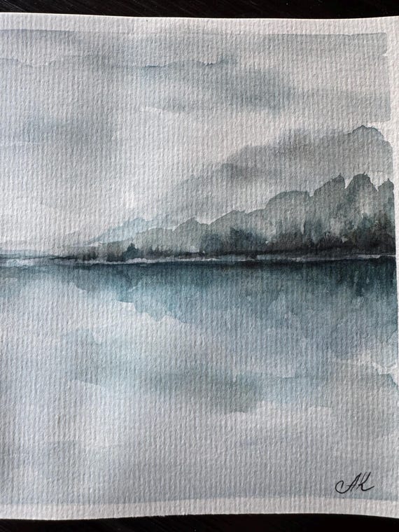 オリジナル水彩画「霧の湖」：抽象風景画、8 x 6インチ - Etsy 日本