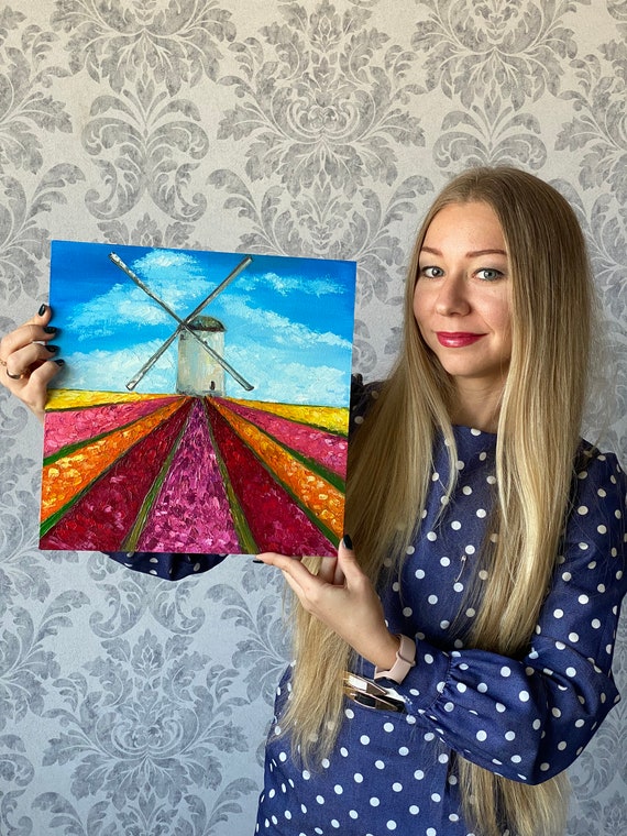 油絵　風車と人 風車とチューリップ畑の絵画：オランダの風景画、インパストアート