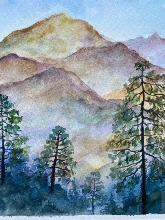 有田　翔山　レア色絵 スモーキー山脈の水彩画：ブルーリッジ国立公園のアート（6x8インチ