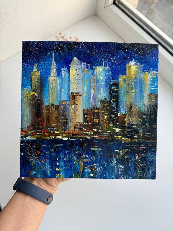 Original New York Cityscape Oil Painting: Impasto Night Skyline