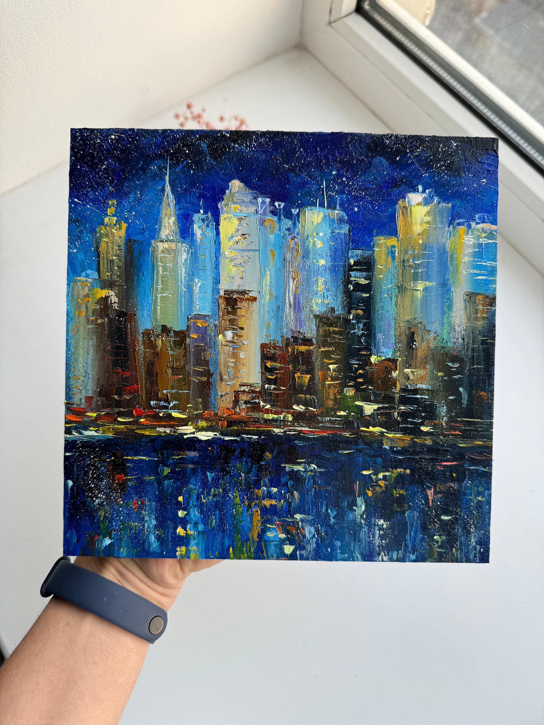 Original New York Cityscape Oil Painting: Impasto Night Skyline