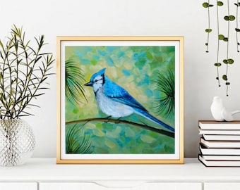 ブルージェイの油絵：インパスト鳥アート、オリジナルアートワーク