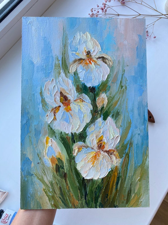 油絵 絵画【白い花道】 オリジナルアイリス油絵：白い花のインパストアート（12x8） - Etsy 日本