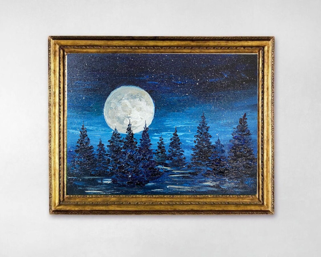 油絵 絵画 【冬の森の満月】 油絵 絵画 【森の冬】 絵画 HR 通販 16987848｜Creema(クリーマ)