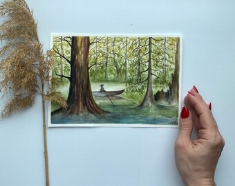 ルイジアナ沼地の水彩画：糸杉の木々の風景画（6x8） - Etsy 日本