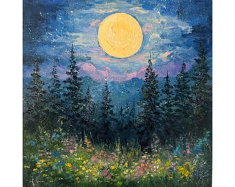 Peinture à l'huile de pin pleine lune : art d'empâtement de forêt de nuit (20 x 20 cm)