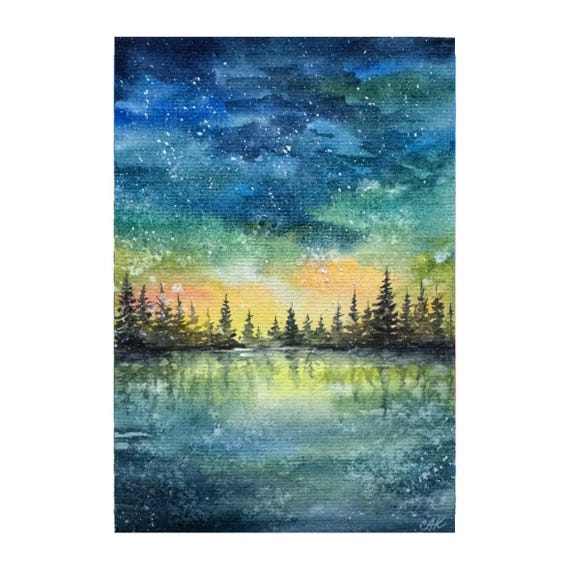 オリジナル水彩画：オーロラ、ミネソタの風景画（6x8） - Etsy 日本