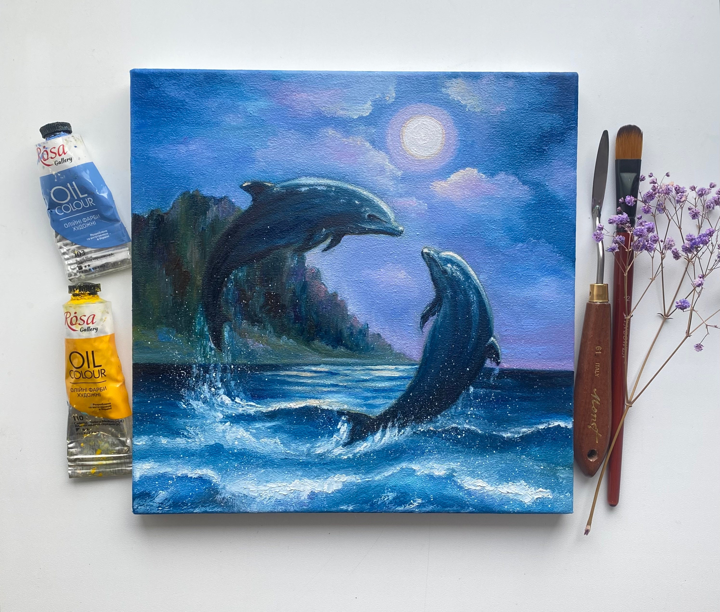 イルカの絵画：オリジナル油絵、満月の海景（10x10） - Etsy 日本