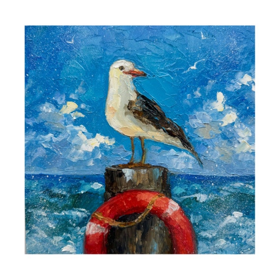 カモメの絵画：オリジナルのインパスト海景画、8x8 - Etsy 日本