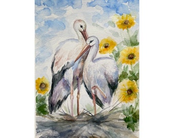 コウノトリのつがい、鳥のつがい、高品質のアート、コウノトリの油絵