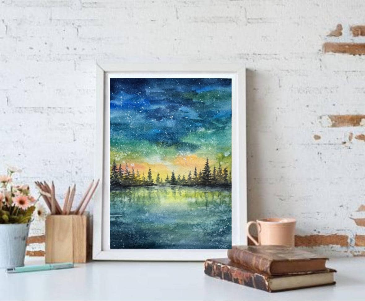 オリジナル水彩画：オーロラ、ミネソタの風景画（6x8） - Etsy 日本