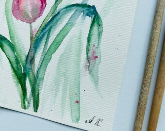 オリジナルチューリップ水彩画：小さな花のアートワーク（8x6） - Etsy