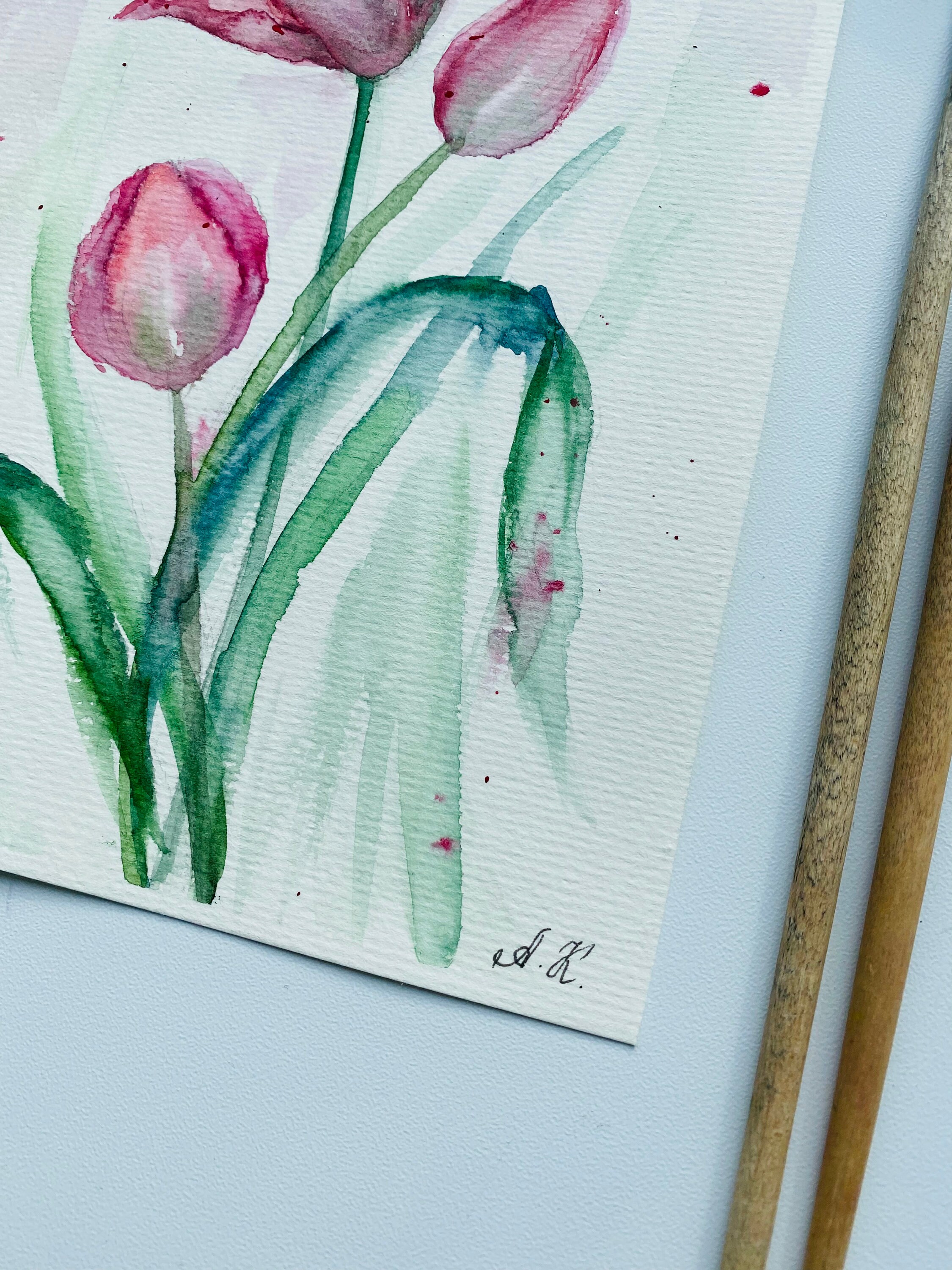 オリジナルチューリップ水彩画：小さな花のアートワーク（8x6） - Etsy