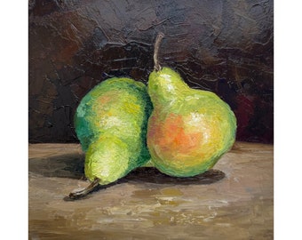 オリジナルの洋梨の油絵：インパストフルーツ静物画、8x8 - Etsy 日本