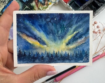 Northern Lights Painting ACEO original Watercolor Art Night Forest painting Northern Lights Wall Art Night Sky small artwork 3x4 by Alla