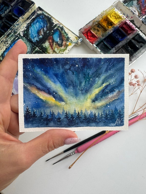 Northern Lights Painting ACEO Original Watercolor Art Night