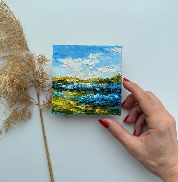 Bluebonnets Impasto Painting: Texas Landscape Art, 4x4 Original