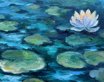 睡蓮の油絵：オリジナルの花の池のアート、10x10 キャンバス - Etsy 日本
