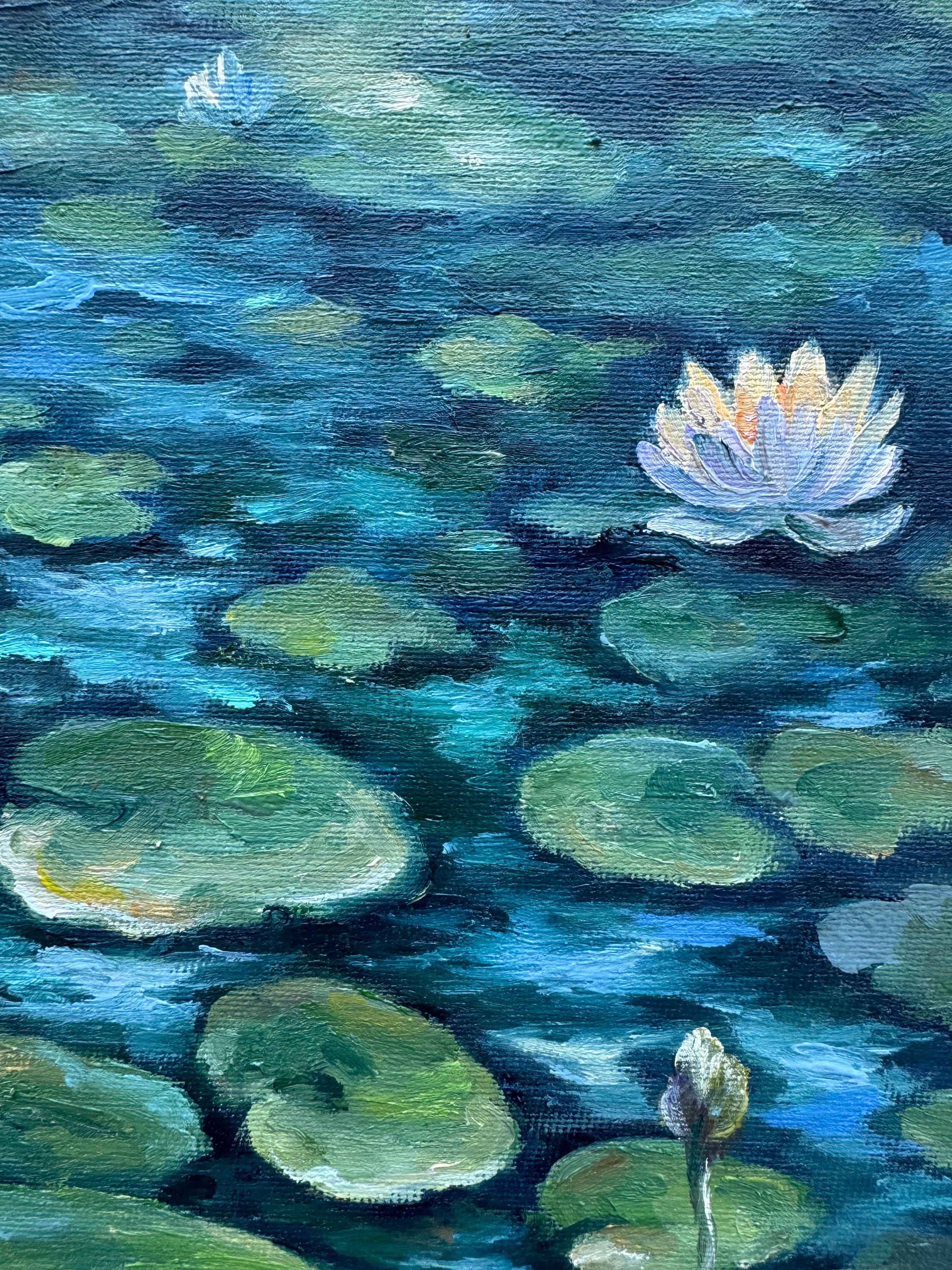 睡蓮の油絵：オリジナルの花の池のアート、10x10 キャンバス - Etsy 日本