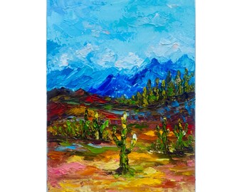 Sedona Desert Painting: Original Impasto Cactus Landscape Art (8x6 inch)