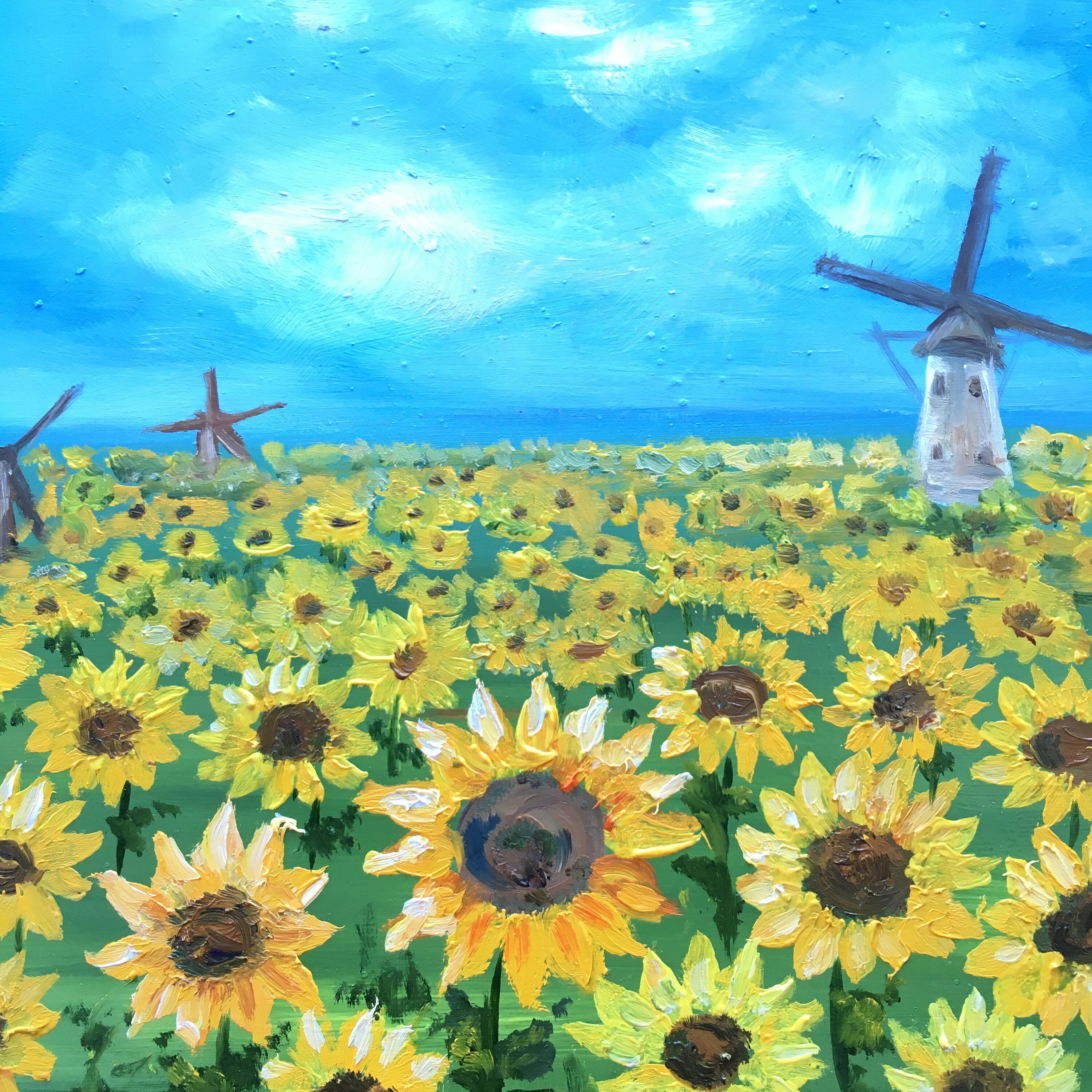 インパストひまわり畑の絵画：オランダの風車の風景、8x8のオリジナル