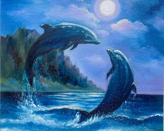 イルカの油絵 Amazon | 月明かりの下で飛び跳ねる2頭のイルカ 数字油絵