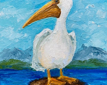 ペリカンの絵画：インパスト油絵の鳥のアートワーク、6x6インチ - Etsy