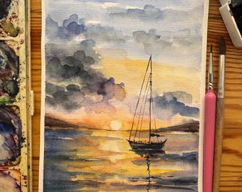 オリジナル水彩画「帆船」：カリフォルニアの海景アート 6x8 - Etsy 日本