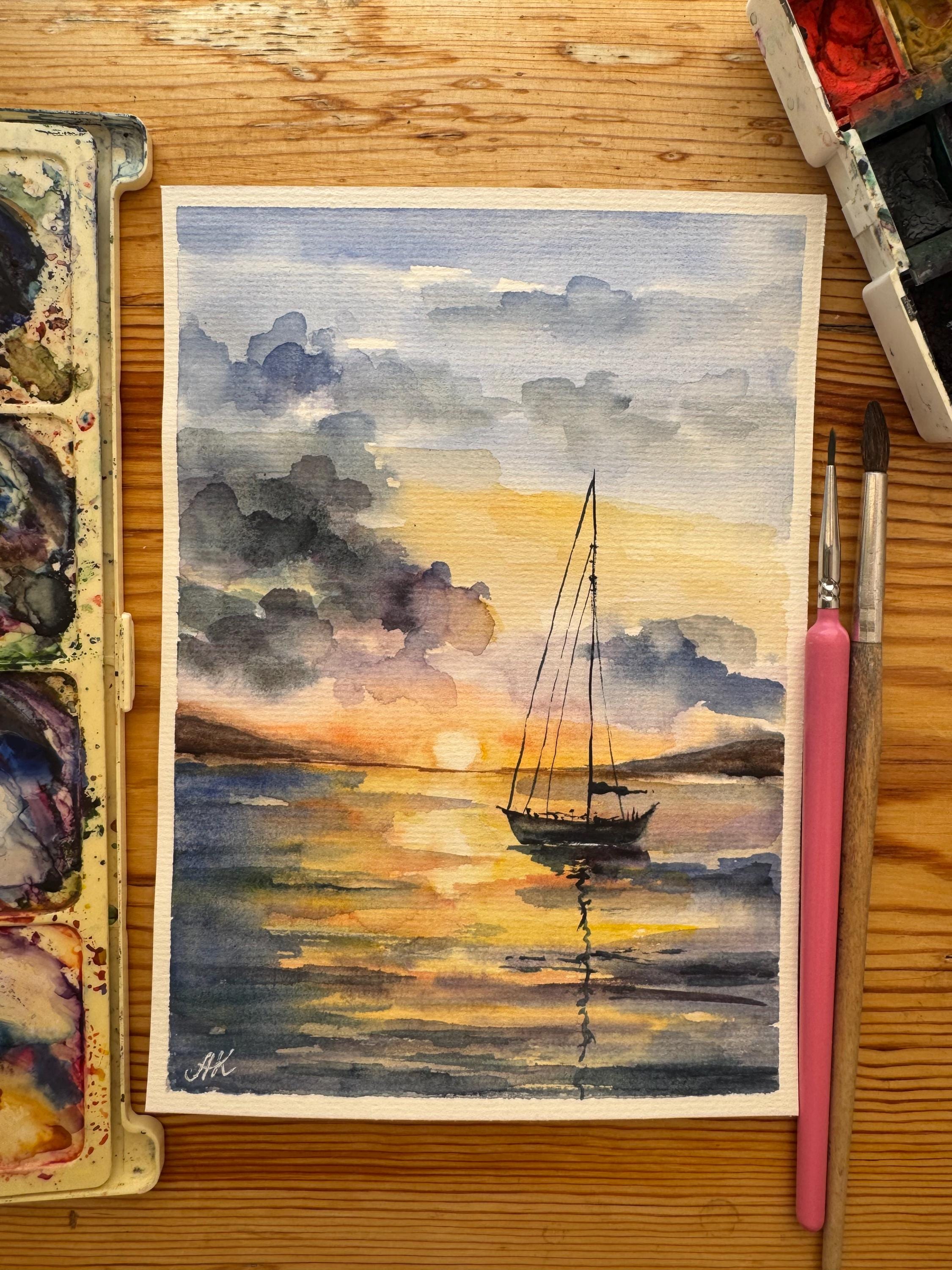 オリジナル水彩画「帆船」：カリフォルニアの海景アート 6x8 - Etsy 日本