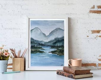 オリジナル水彩画「山と川」：松の木の風景画（6x8インチ） - Etsy 日本