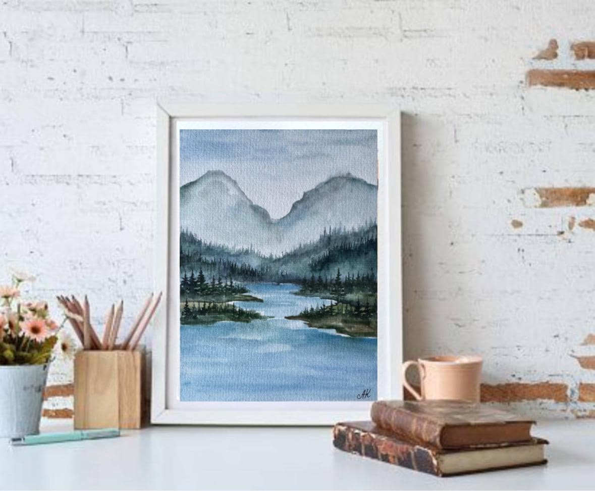 オリジナル水彩画「山と川」：松の木の風景画（6x8インチ） - Etsy 日本